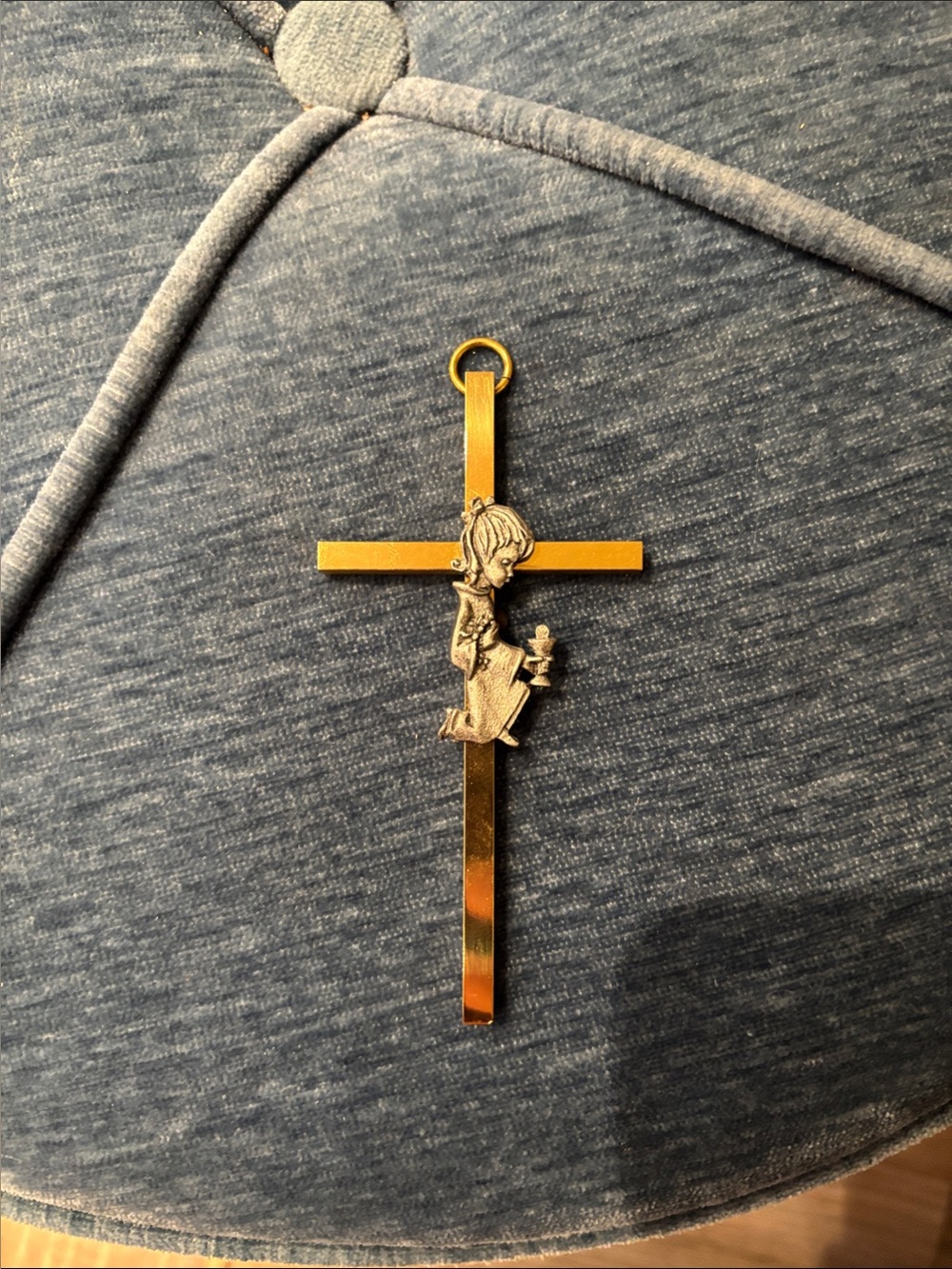 Vintage Holy First communion brass cross with Pewter Praying Child Accent